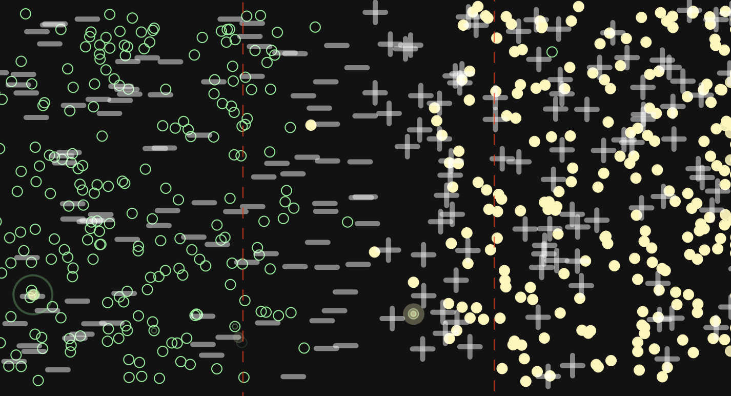 A visualization of electrons and holes with an empty region in the middle